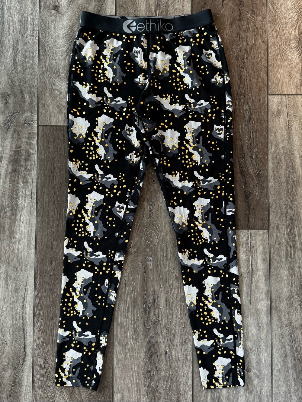 Ethika Women’s Tights SMALL Mid-Rise Full Length Stretch Gold Flecked Camouflage